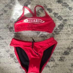 red with white lettering lifeguard bikini swimsuit